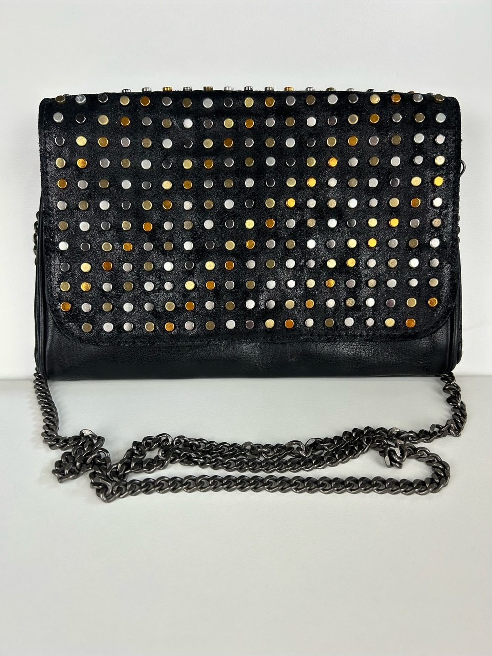PATRICIA NASH BLACK STUDDED LEATHER LUISA FLAP CROSSBODY CLUTCH - Picture 2 of 16